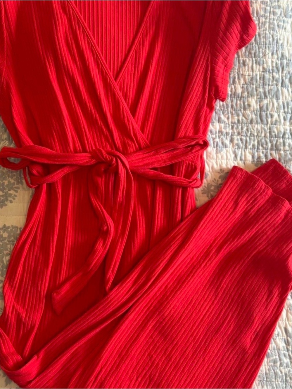 Red Ribbed Wrap Jumpsuit